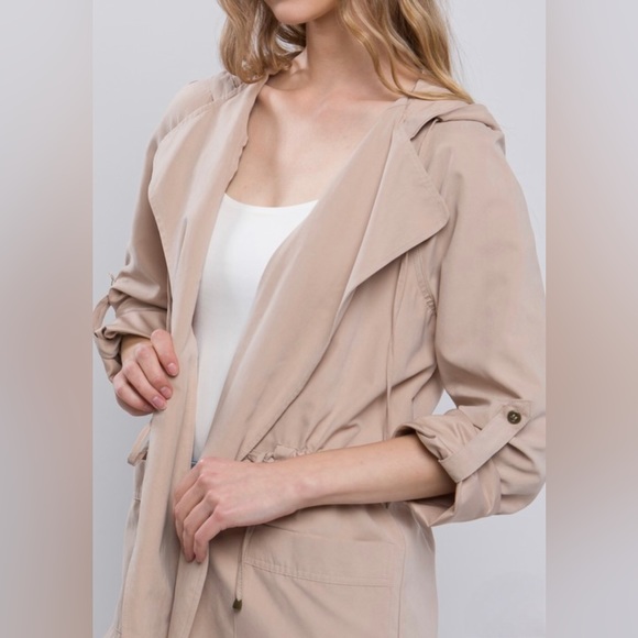 New Trench Jacket Utility Lightweight Hooded Long Line Pockets Drawstring Black - Picture 5 of 6